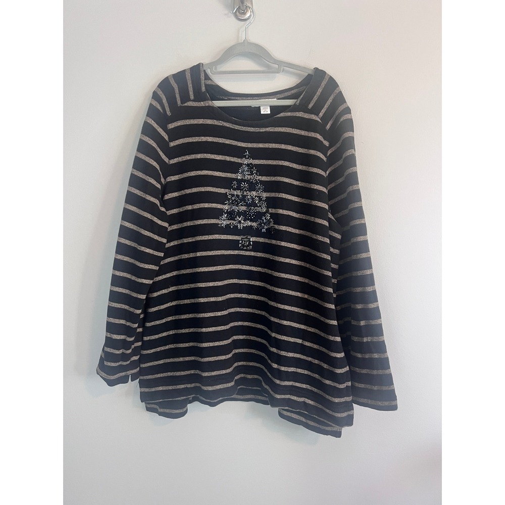 Coldwater Creek Women 2X Black Gold Striped Beaded Christmas Tree Cotton Top